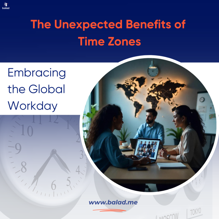 Three colleagues collaborating in an office with a world map and clocks showing different time zones, emphasizing global teamwork and remote work benefits